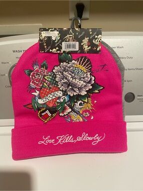 NWT Ed Hardy 2 pack beanie hats with embroidered tiger surrounded by roses